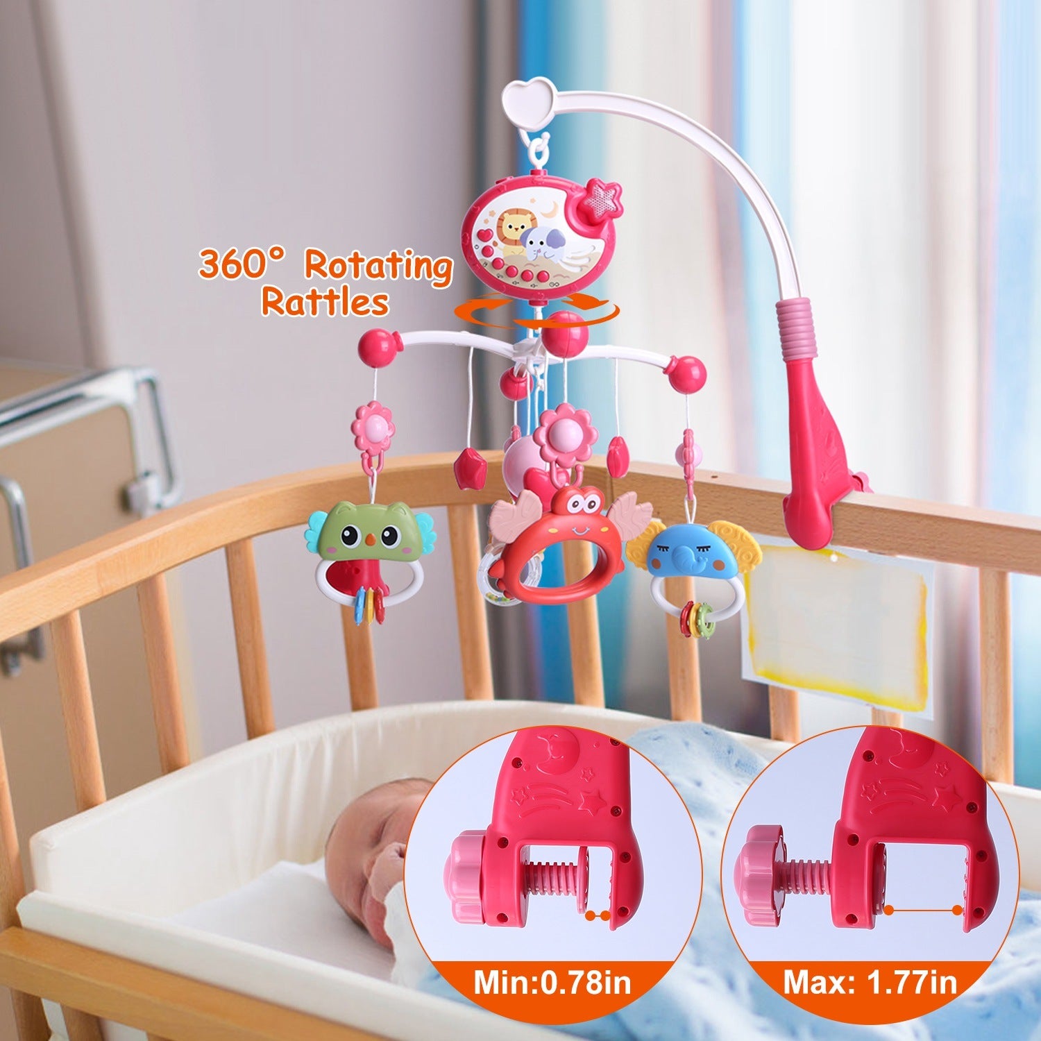 Baby Musical Crib Bed Bell Rotating Mobile Star Projection Nursery Light Baby Rattle Toy with Music Box Remote Control - Mountain Lakes Mall