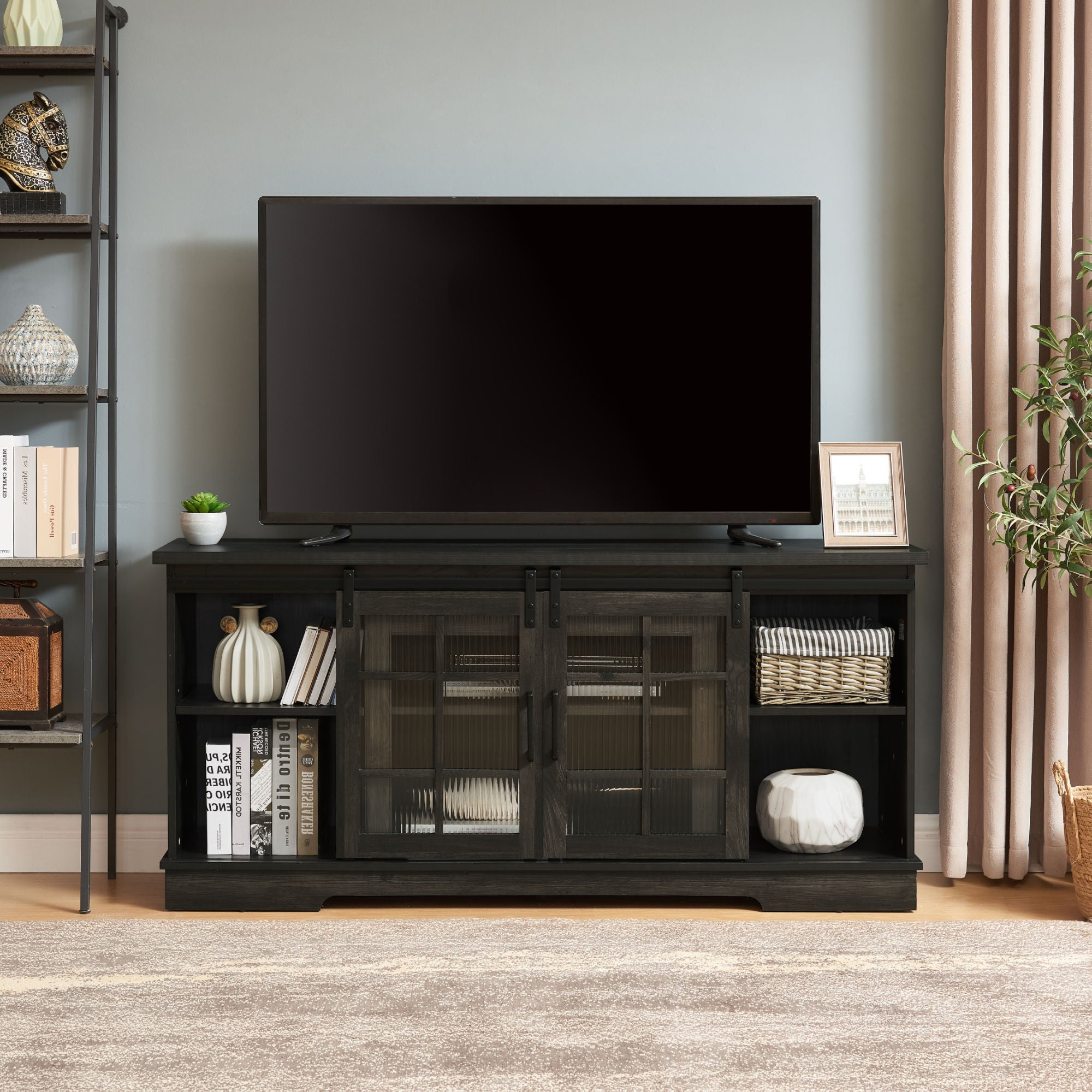 Multipurpose Sliding Door TV Stand Large Storage Cabinet with 2 Sliding Fluted Glass Tempered Doors, TV Up to 65'', TV Desk Storage Rack, Charcoal GREY, 59.13"W*15.94"D*27.8"H - Mountain Lakes Mall