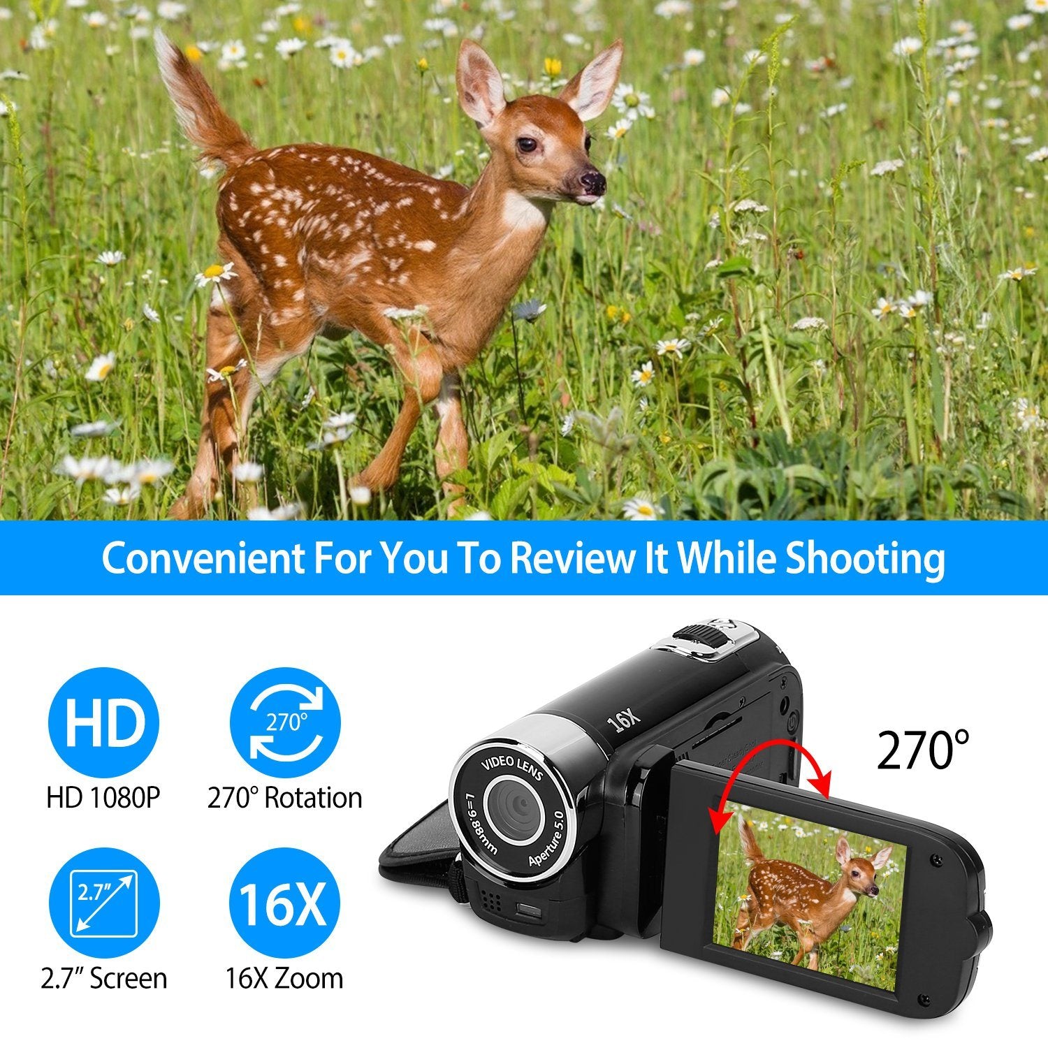 HD 1080P Digital Video Camcorder 2.7in 16X Zoom DV Camera 270° Rotation Rechargeable Kid Camera w/Fill Light Selfie - Mountain Lakes Mall