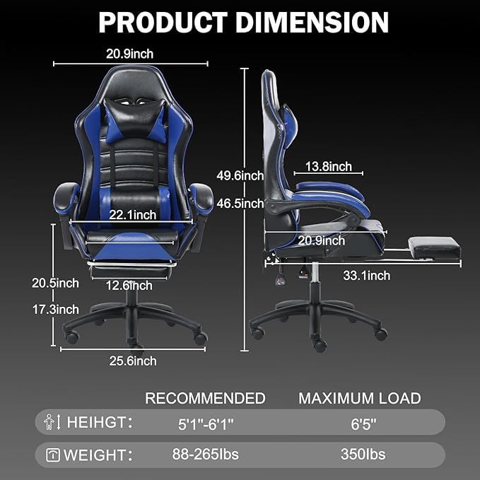 Ergonomic Gaming Chair for Adults, Comfortable Computer Chair for Heavy People, Adjustable Height Office Desk Chair with Wheels, Breathable Leather Video Game Chairs - Mountain Lakes Mall