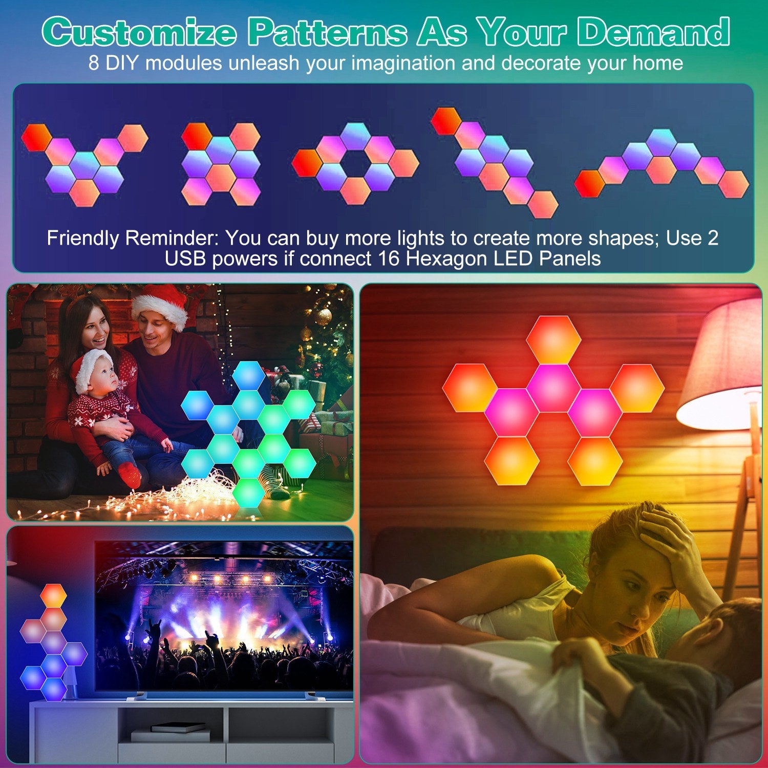 8Pcs Hexagon Light Panels RGBW Colorful Splicing Wall Lamps App Remote Line Control Timing Decorative Gaming Light Music Sync Lamps - Mountain Lakes Mall