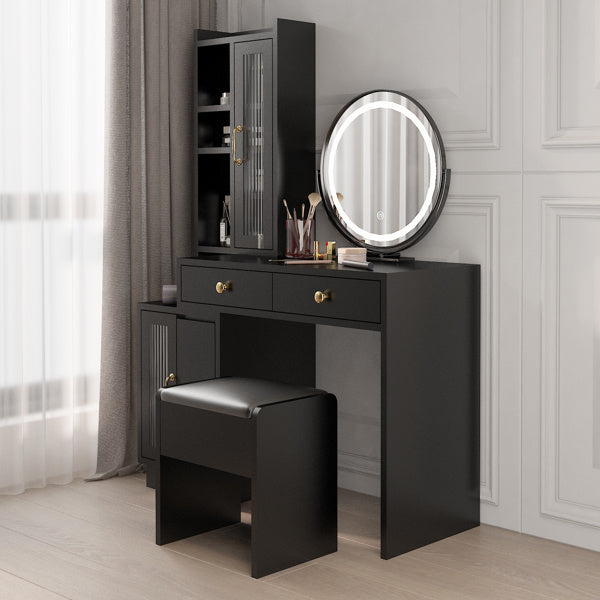 Modern Makeup Vanity Table Set with Side Cabinet and LED Mirror, Retractable Dressing Table with Power Outlets, 3 Light Colors - Mountain Lakes Mall