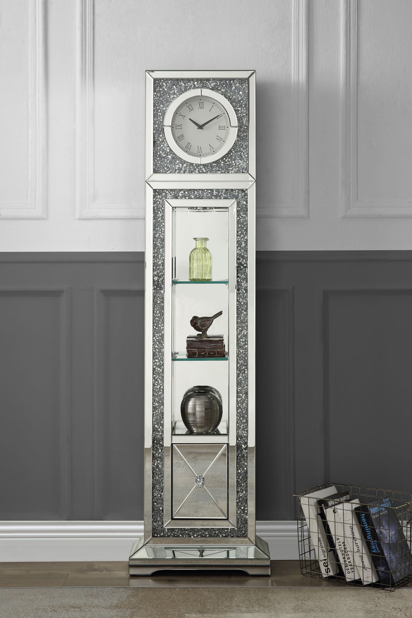 ACME Noralie GRANDFATHER CLOCK W/LED Mirrored & Faux Diamonds AC00354 - Mountain Lakes Mall