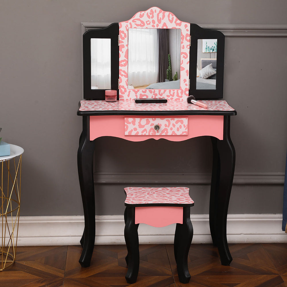 Kids Gisele Leopard Print Wooden Vanity Set with Tri-Fold Mirror Table and Chair, Pink/Black, - Mountain Lakes Mall