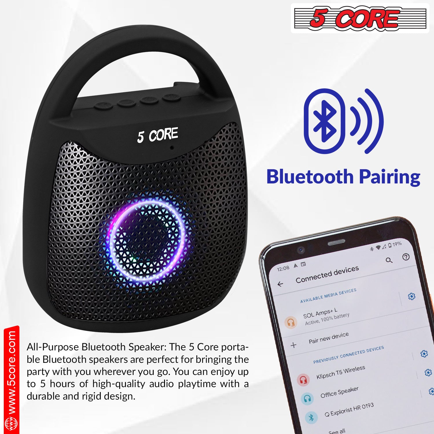 5 Core Bluetooth Speaker Wireless Outdoor Portable Waterproof Loud Small Blue Tooth USB Bocinas for Patio Pool Party Beach Home Travel - BLUETOOTH-13B - Mountain Lakes Mall