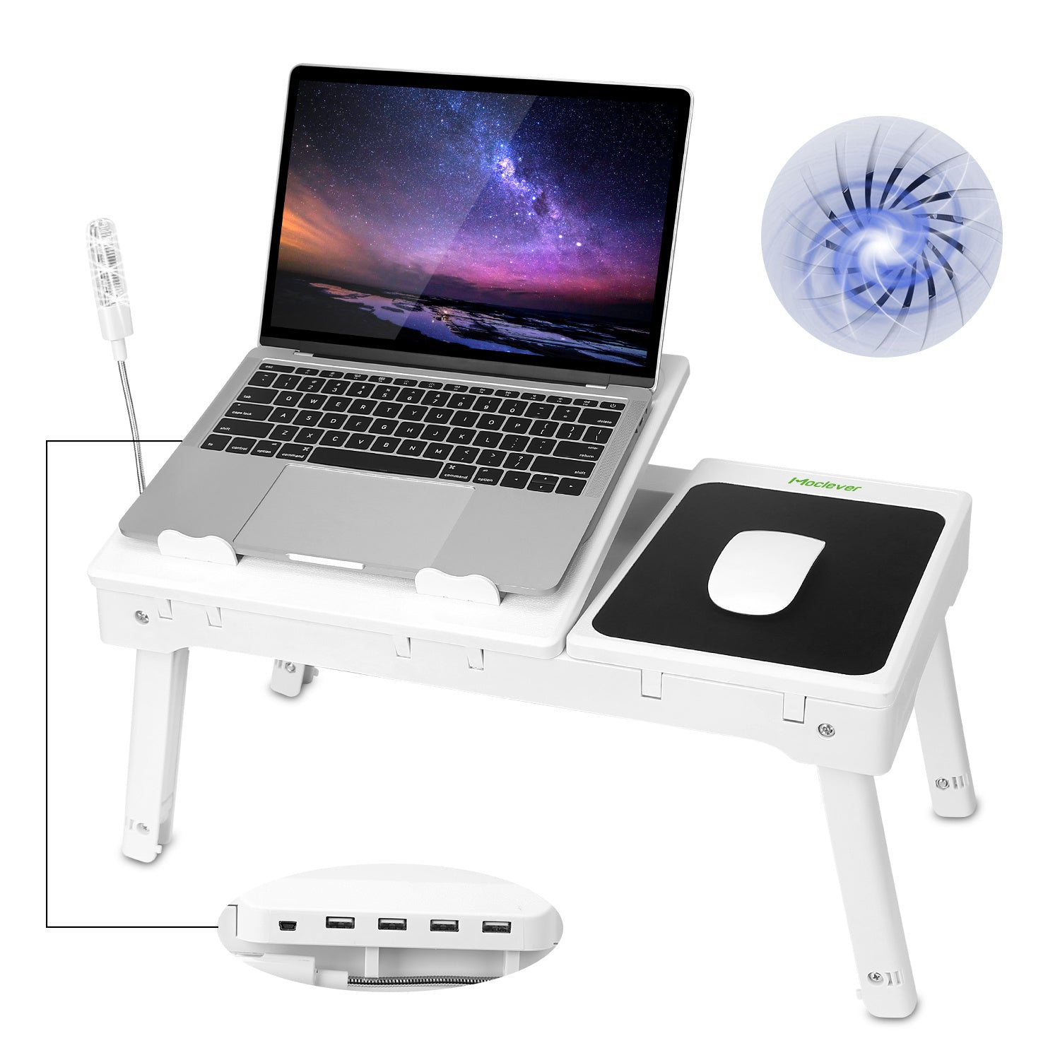 Foldable Laptop Table Bed Notebook Desk with Cooling Fan Mouse Board LED light 4 xUSB Ports Breakfast Snacking Tray - Mountain Lakes Mall