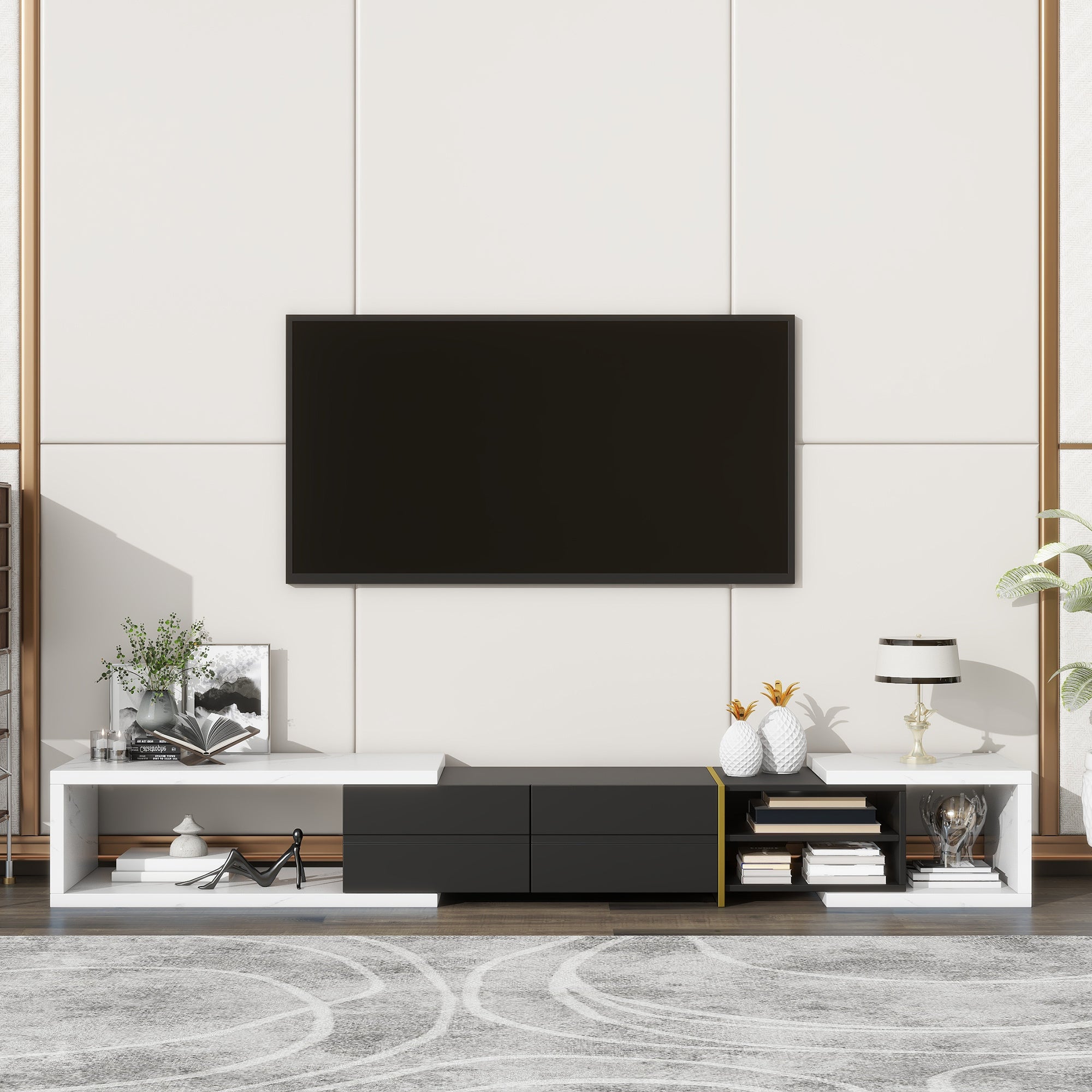 U-Can 51''-98.4'' Modern Extendable TV Stand for TVs up to 90 Inches, Entertainment Center Media Console Corner Console with 2 Drawers and 4 Shelves for Living room, White & Black - Mountain Lakes Mall