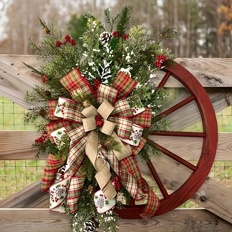 1pc Christmas Red Wagon Wheel Wreath, Front Door Reusable Vintage Xmas Garland, Artificial Flower Funny Outdoor Indoor Xmas Tree Decor - Mountain Lakes Mall