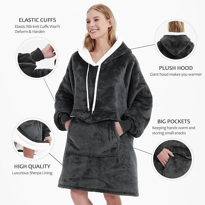 Qeils Oversized Wearable Blanket Hoodie, Comfy Sherpa Sweatshirt Pullover Jacket (Large Pocket, Dark Grey, Adult) - Mountain Lakes Mall