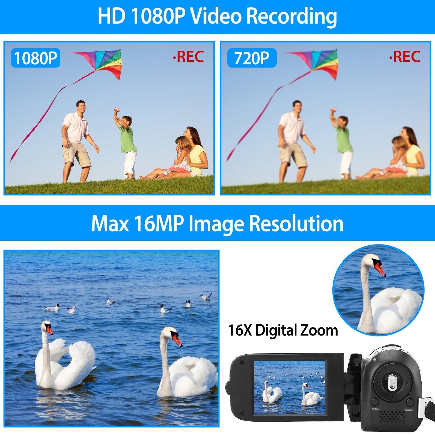 HD 1080P Digital Video Camcorder 2.7in 16X Zoom DV Camera 270° Rotation Rechargeable Kid Camera w/Fill Light Selfie - Mountain Lakes Mall