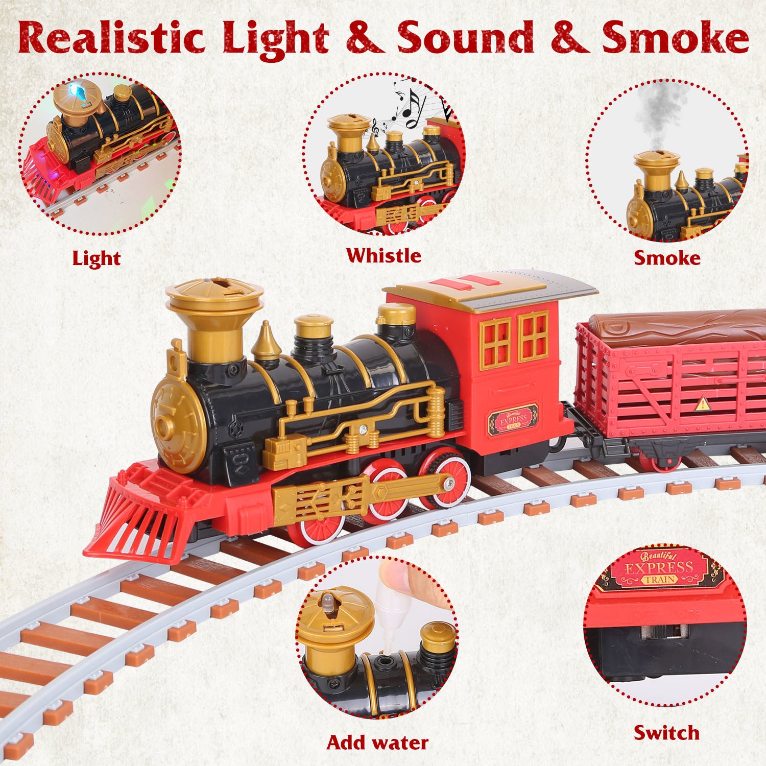 193Pcs Electric Train Set Steam Locomotive Passenger Coach Coal Car Battery Powered - Mountain Lakes Mall