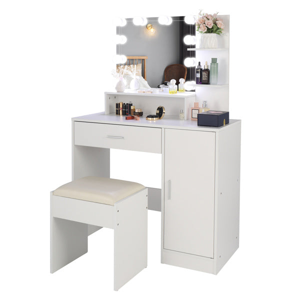 FCH Large Vanity Set with 10 LED Bulbs, Makeup Table with Cushioned Stool, 3 Storage Shelves 1 Drawer 1 Cabinet, Dressing Table Dresser Desk for Women, Girls, Bedroom, White - Mountain Lakes Mall