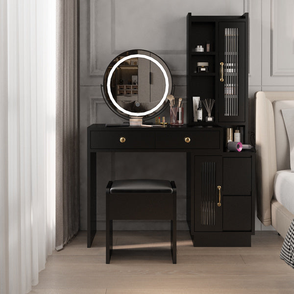 Modern Makeup Vanity Table Set with Side Cabinet and LED Mirror, Retractable Dressing Table with Power Outlets, 3 Light Colors - Mountain Lakes Mall