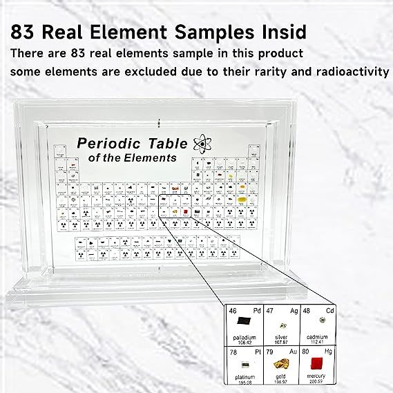 Periodic Table with Real Elements Inside, Acrylic Periodic Table Display with 83 Real Element Samples, Larger Size (10.7x7.1x2.4 inch), 3D Rotating Periodic Table of Elements, Easy to Read - Mountain Lakes Mall