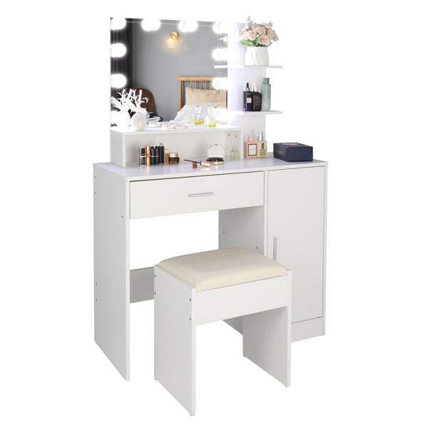 FCH Large Vanity Set with 10 LED Bulbs, Makeup Table with Cushioned Stool, 3 Storage Shelves 1 Drawer 1 Cabinet, Dressing Table Dresser Desk for Women, Girls, Bedroom, White - Mountain Lakes Mall