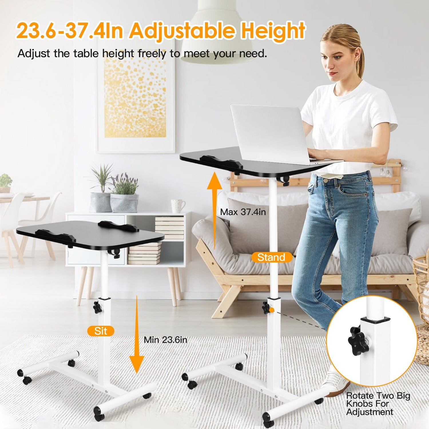 Rolling Laptop Table Portable Computer Desk Movable Table with Adjustable Height Tilting Angle - Mountain Lakes Mall