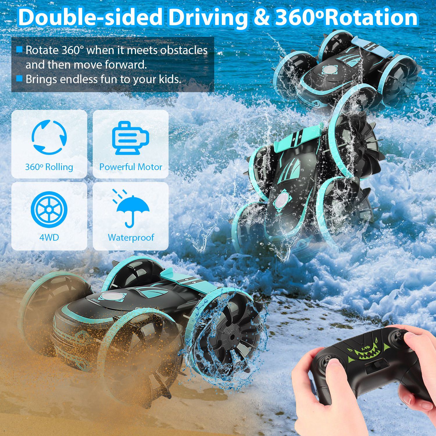 2 In 1Amphibious RC Car Toy 2.4GHz 4WD Double Sided 360° Rotating Waterproof RC Stunt Car - Mountain Lakes Mall