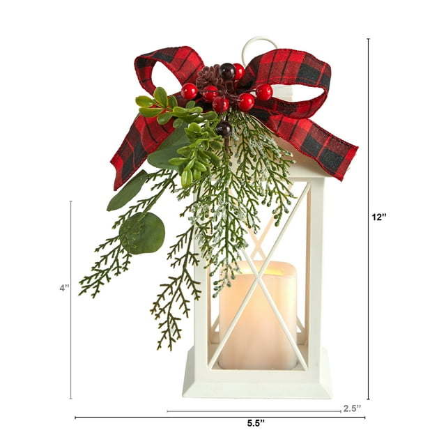 Nearly Natural 12" Holiday Lantern with Berries, Pine Artificial Christmas Arrangement, Green - Mountain Lakes Mall