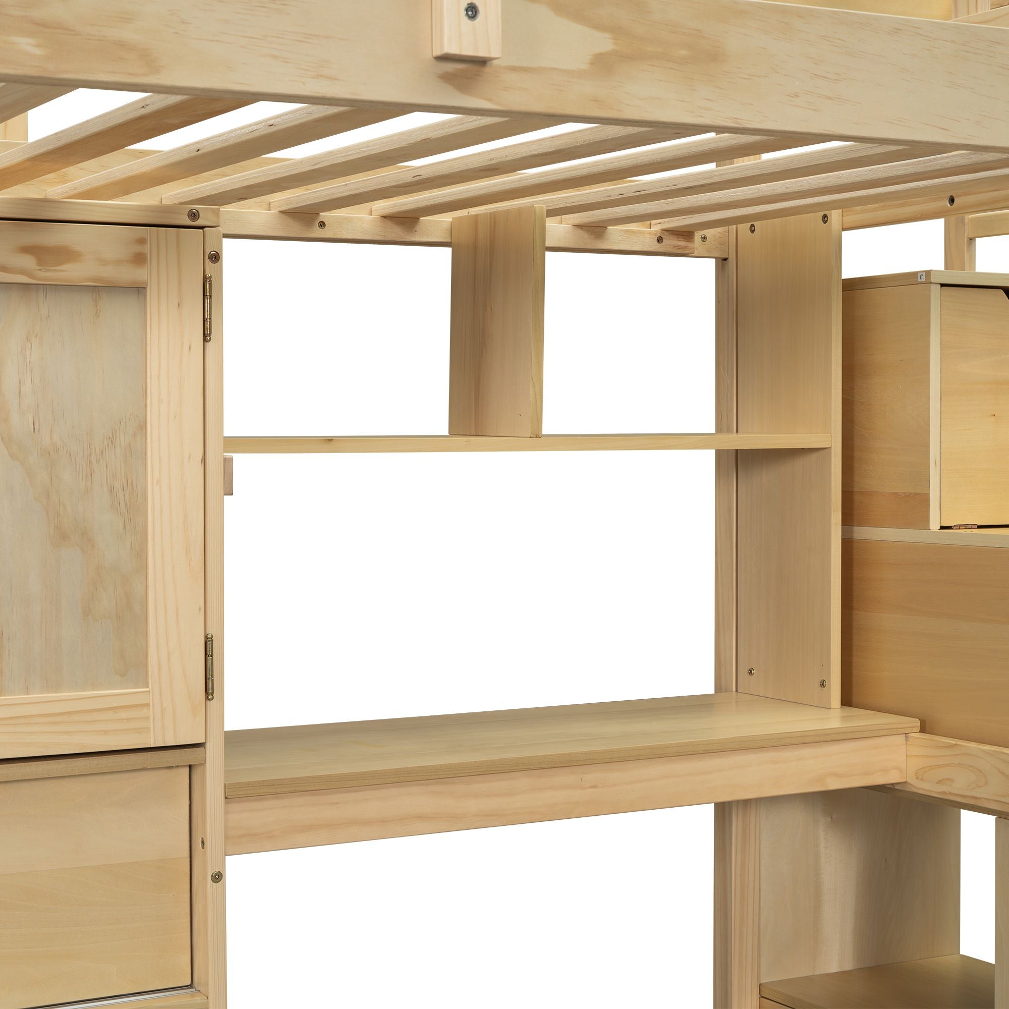 Twin over Twin Loft Bed with Built-in Desk and Staircase, With Storage Compartments and Shelves, Natural