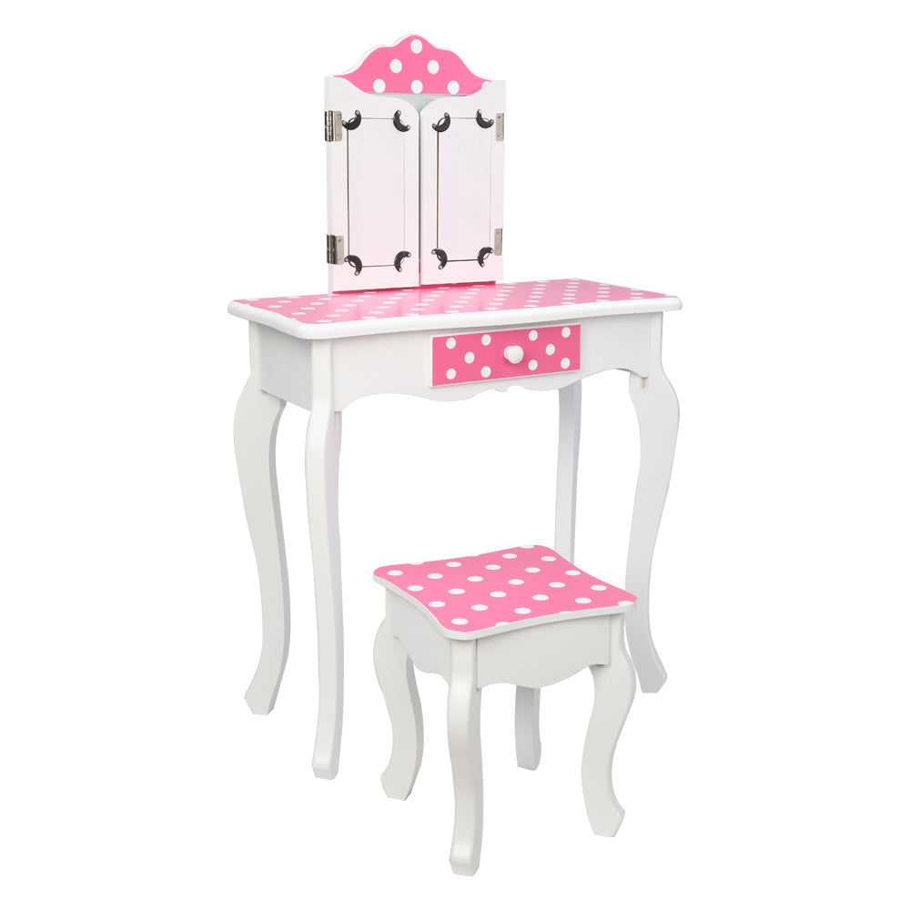 Wooden Vanity Set with Tri-Fold Mirror and Chair Table & Stool Set, Pink/White  YJ - Mountain Lakes Mall