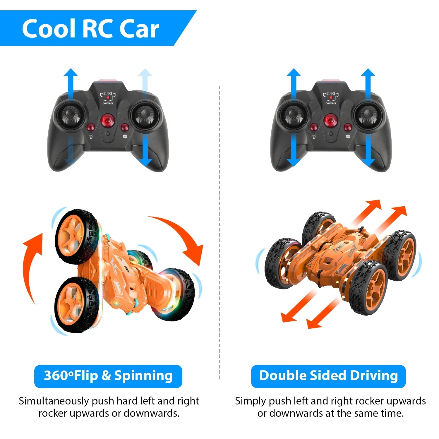 Kid Driving RC Stunt Car 7 Color Strip Light Dynamic Music Swing Arm Double-sided Rolling Remote Control Car Off Road - Mountain Lakes Mall