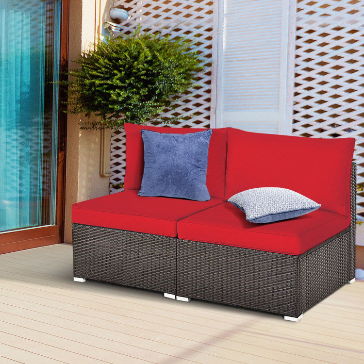 2 Pieces Patio Rattan Armless Sofa Set with 2 Cushions and 2 Pillows - Mountain Lakes Mall