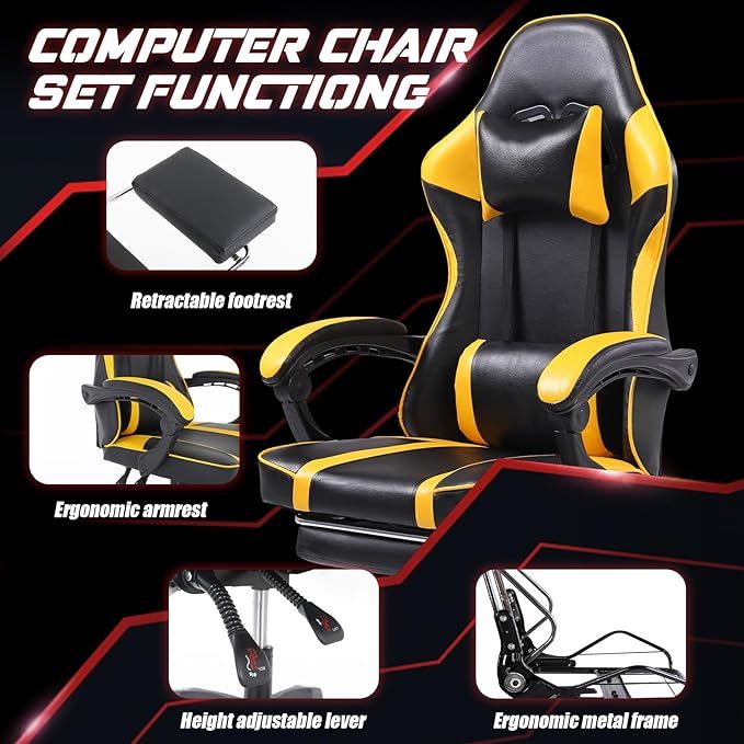 Video Game Chairs for Adults, PU Leather Gaming Chair with Footrest, 360°Swivel Adjustable Lumbar Pillow Gamer Chair, Comfortable Computer Chair for Heavy People - Mountain Lakes Mall