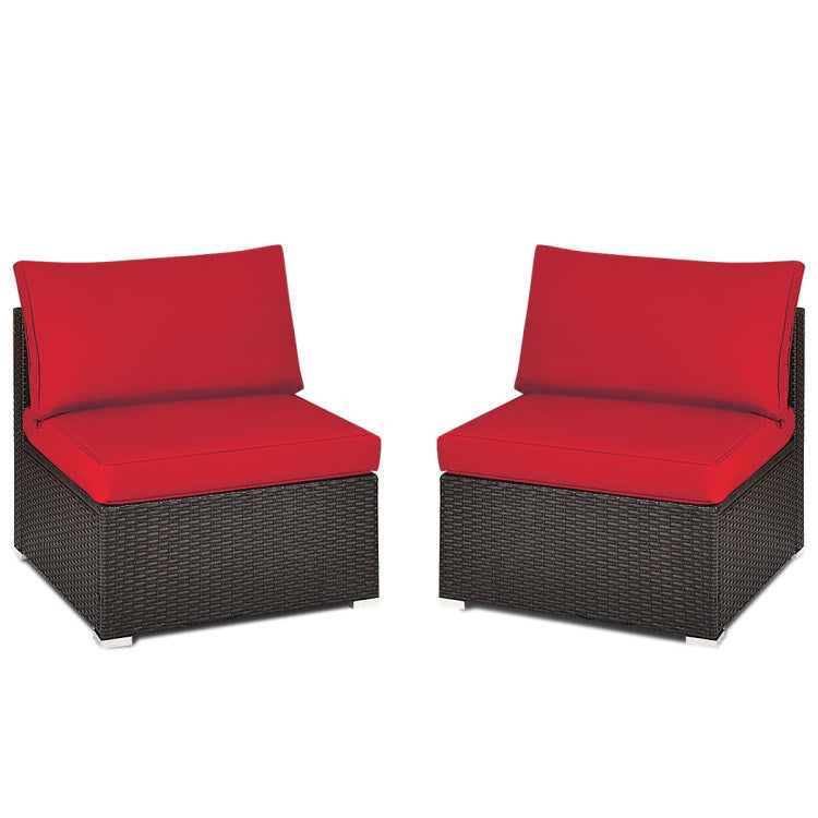 2 Pieces Patio Rattan Armless Sofa Set with 2 Cushions and 2 Pillows - Mountain Lakes Mall