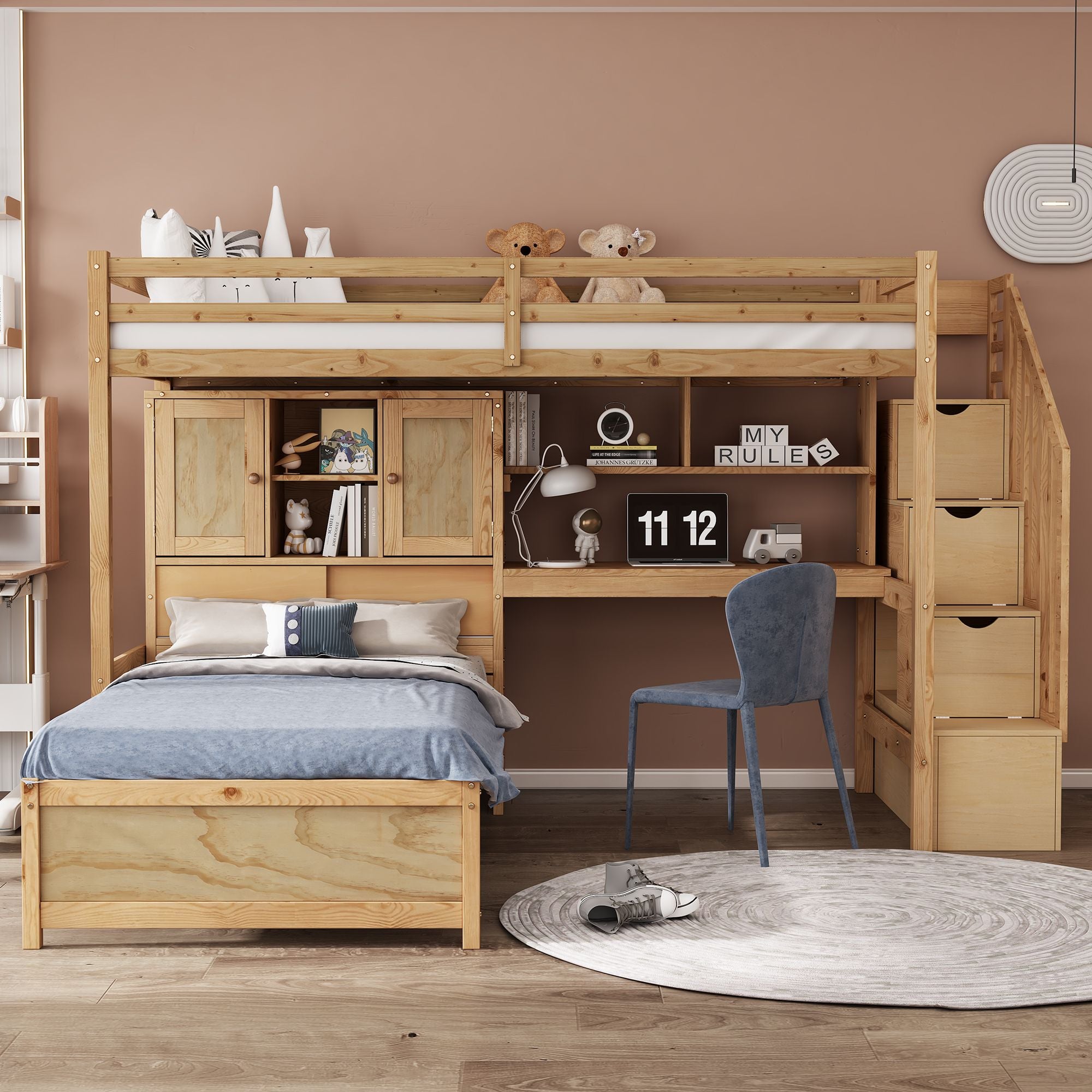 Twin over Twin Loft Bed with Built-in Desk and Staircase, With Storage Compartments and Shelves, Natural