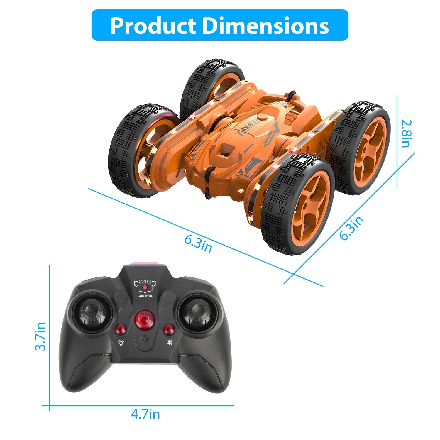 Kid Driving RC Stunt Car 7 Color Strip Light Dynamic Music Swing Arm Double-sided Rolling Remote Control Car Off Road - Mountain Lakes Mall