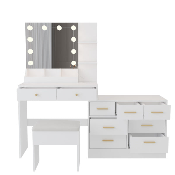 Large Makeup Vanity with Lights, Vanity Table with Charging Station, Vanity Desk with Mirror and 10 LED Light Bulbs, Makeup Table with Tabletop Compartments, Drawers and Storage Shelves, White