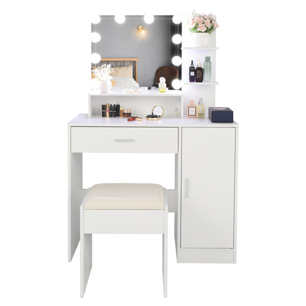 FCH Large Vanity Set with 10 LED Bulbs, Makeup Table with Cushioned Stool, 3 Storage Shelves 1 Drawer 1 Cabinet, Dressing Table Dresser Desk for Women, Girls, Bedroom, White - Mountain Lakes Mall