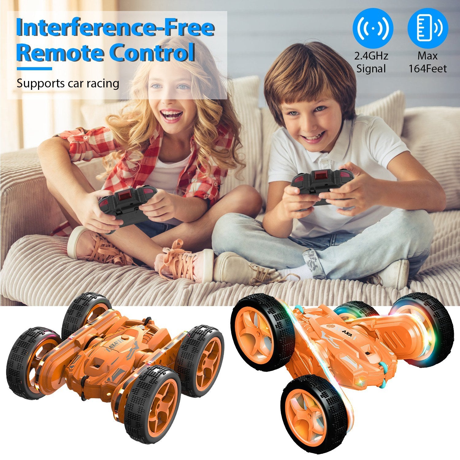 Kid Driving RC Stunt Car 7 Color Strip Light Dynamic Music Swing Arm Double-sided Rolling Remote Control Car Off Road - Mountain Lakes Mall