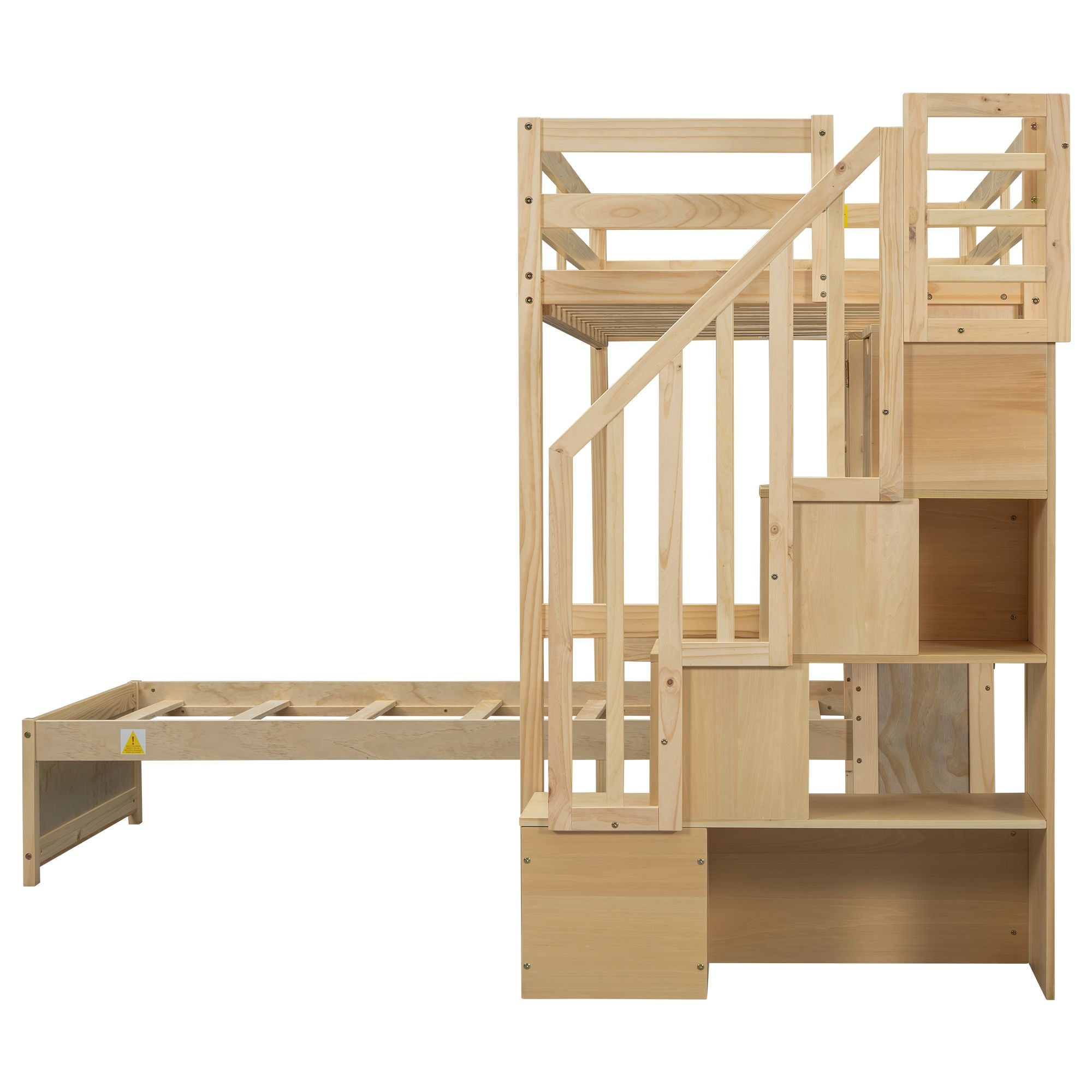 Twin over Twin Loft Bed with Built-in Desk and Staircase, With Storage Compartments and Shelves, Natural