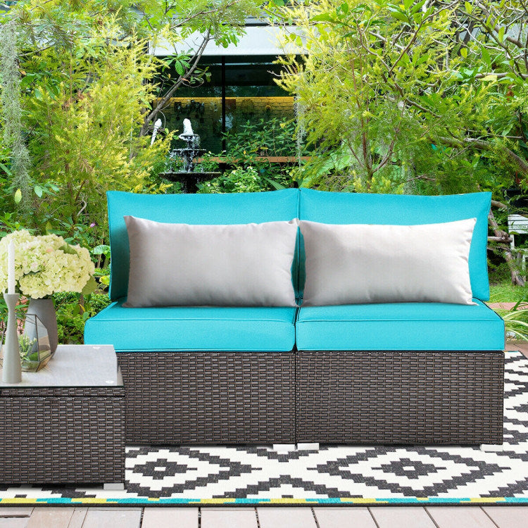 2 Pieces Patio Rattan Armless Sofa Set with 2 Cushions and 2 Pillows - Mountain Lakes Mall