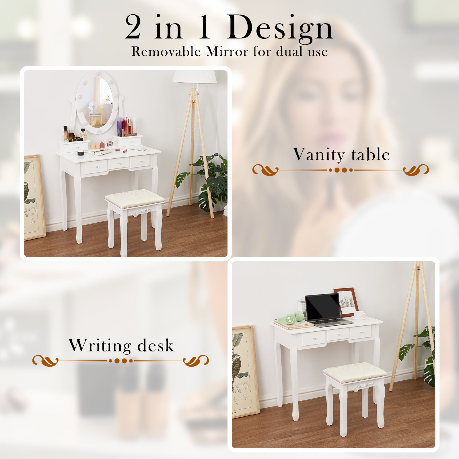 White Vanity Desk with Lights,Makeup Vanity with Lights,Vintage Vanity Dresser with Lights,Dressing Table,Vanity Set with Mirror and Stool,Vanity and Desk Combo,Tocador De Maquillaje para Mujer - Mountain Lakes Mall