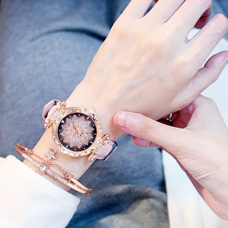 2pcs Women Watches Set Starry Sky Ladies Bracelet Watch Casual Leather - Mountain Lakes Mall