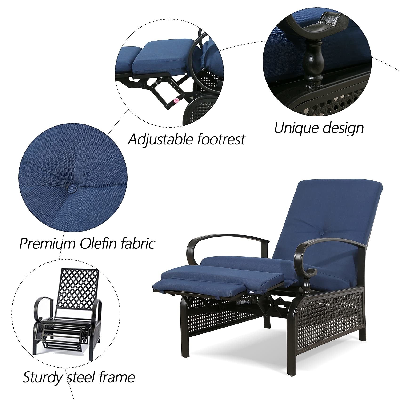 Outdoor Recliner Adjustable Patio Reclining Lounge Chair with Olefin Cushion - Mountain Lakes Mall