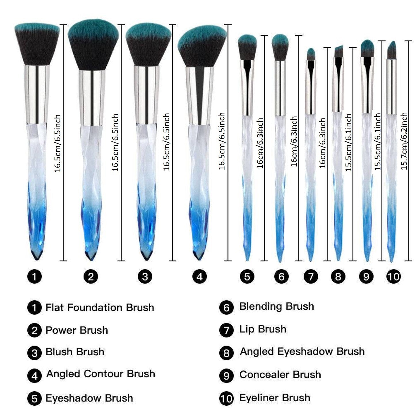 10pcs Professional Makeup Brush with Crystal Handle Foundation Brush (Crystal blue) - Mountain Lakes Mall