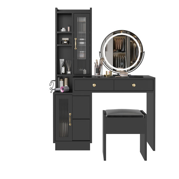 Modern Makeup Vanity Table Set with Side Cabinet and LED Mirror, Retractable Dressing Table with Power Outlets, 3 Light Colors - Mountain Lakes Mall