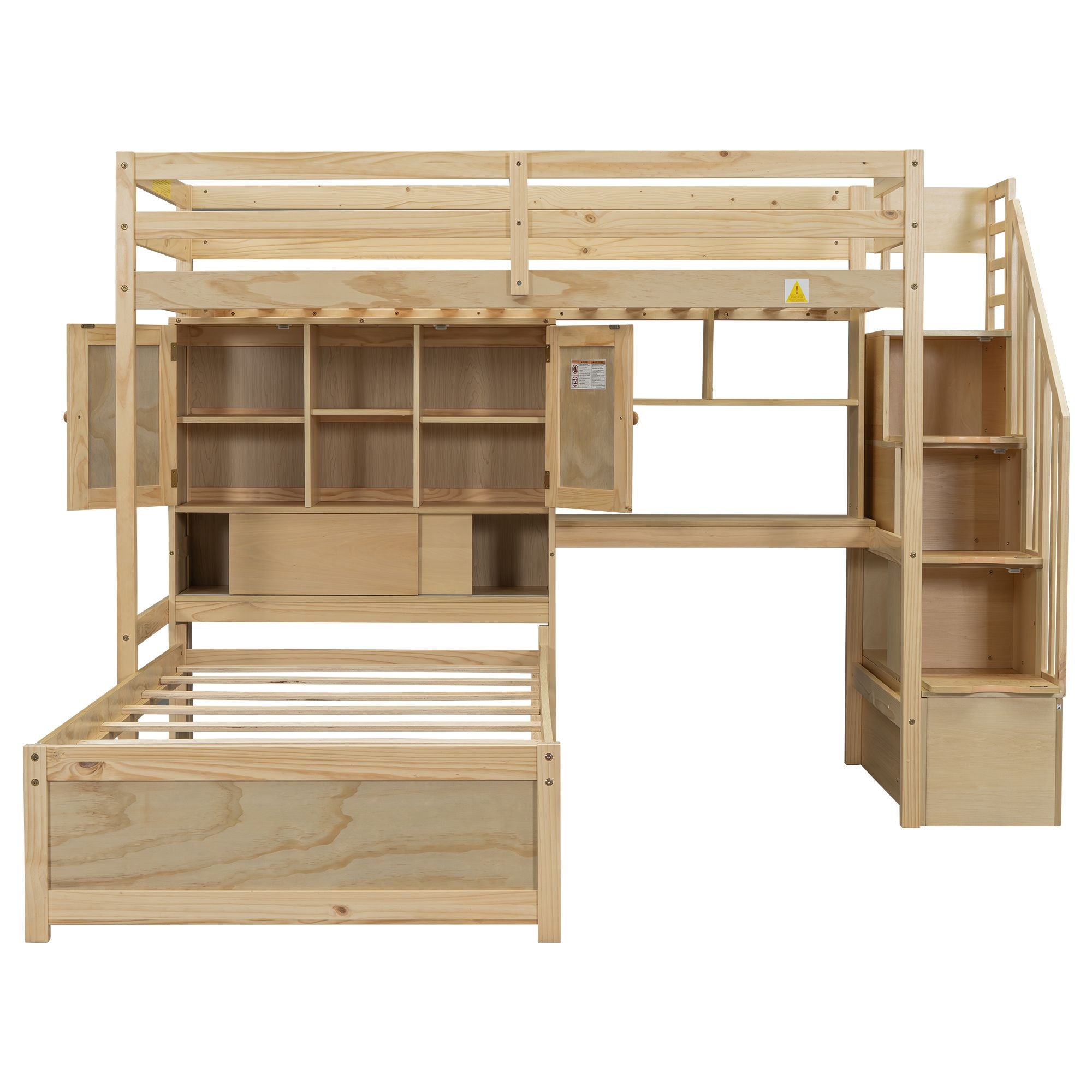 Twin over Twin Loft Bed with Built-in Desk and Staircase, With Storage Compartments and Shelves, Natural