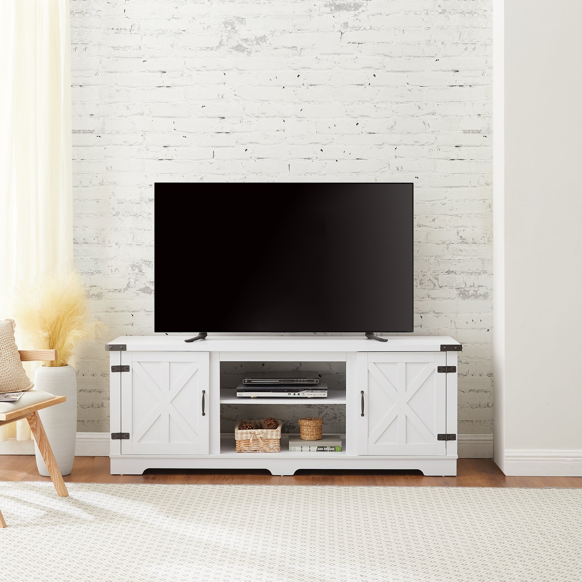 Modern Farmhouse TV Media Stand, Large Barn Inspired Home Entertainment Console, for TV Up to 70'', with Open Shelves and Closed Cabinets, White, 64.8"W*15.67"D*24.29"H - Mountain Lakes Mall