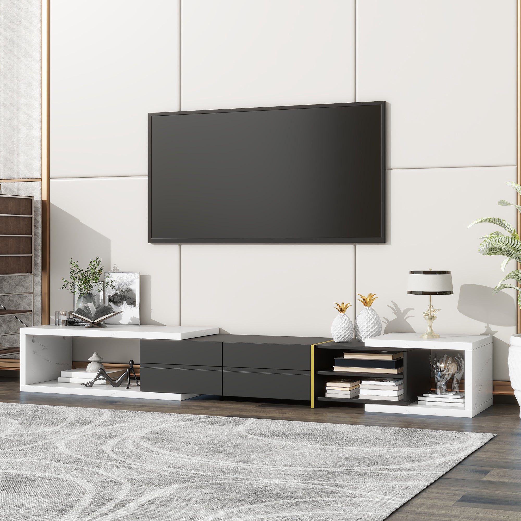 U-Can 51''-98.4'' Modern Extendable TV Stand for TVs up to 90 Inches, Entertainment Center Media Console Corner Console with 2 Drawers and 4 Shelves for Living room, White & Black - Mountain Lakes Mall