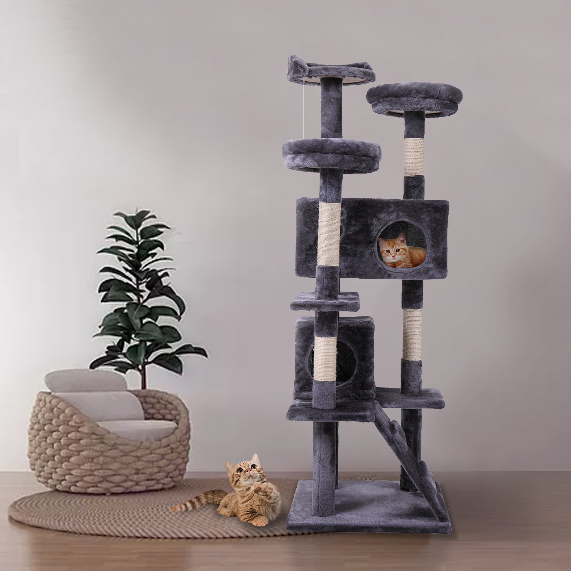 Cat Tree Cat Tower with Scratching Ball, Plush Cushion, Ladder and Condos for Indoor Cats, Gray XH - Mountain Lakes Mall