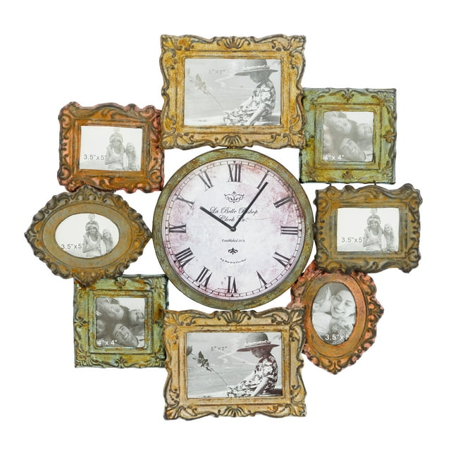 DecMode 2" Green Metal 8 Photo Opening Wall Clock - Mountain Lakes Mall