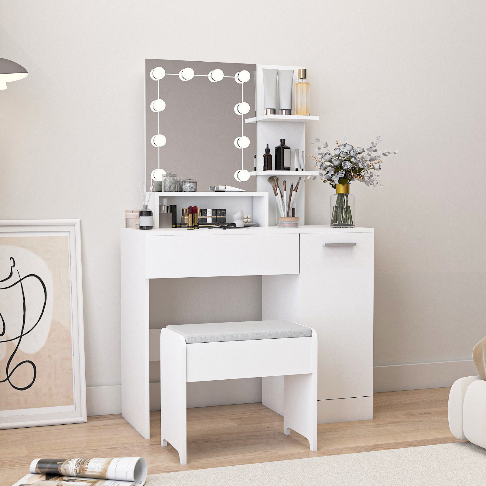 Makeup Vanity Table Set with Drawer and Storage Cabinet, Dressing Table with Vanity Cushioned Stool for Bedroom, Makeup Room - Mountain Lakes Mall