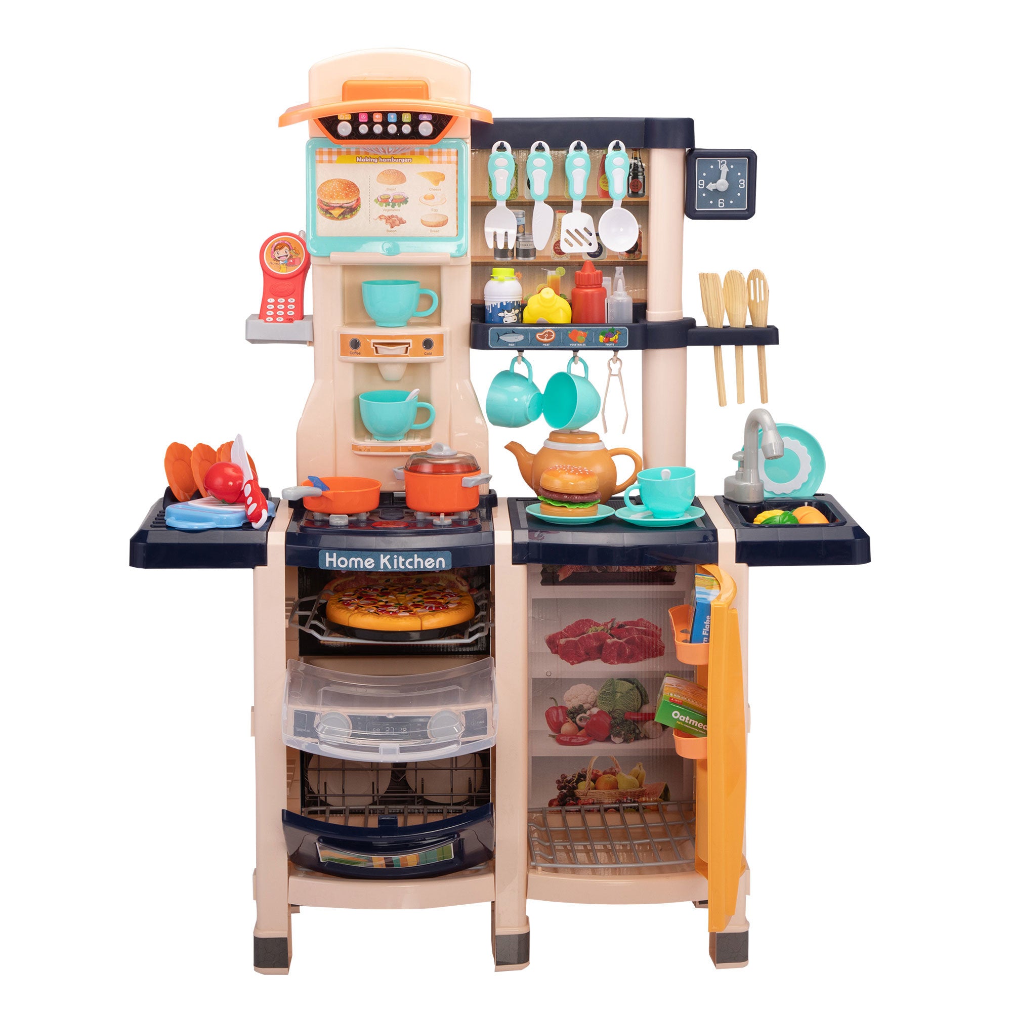 Large Pretend Play Kitchen Set Kids Cooking Playset with Realistic Lights;  Vivid Sounds;  Play Phone;  Clock and 65 Pcs Accessories;  3 +;  Blue XH - Mountain Lakes Mall