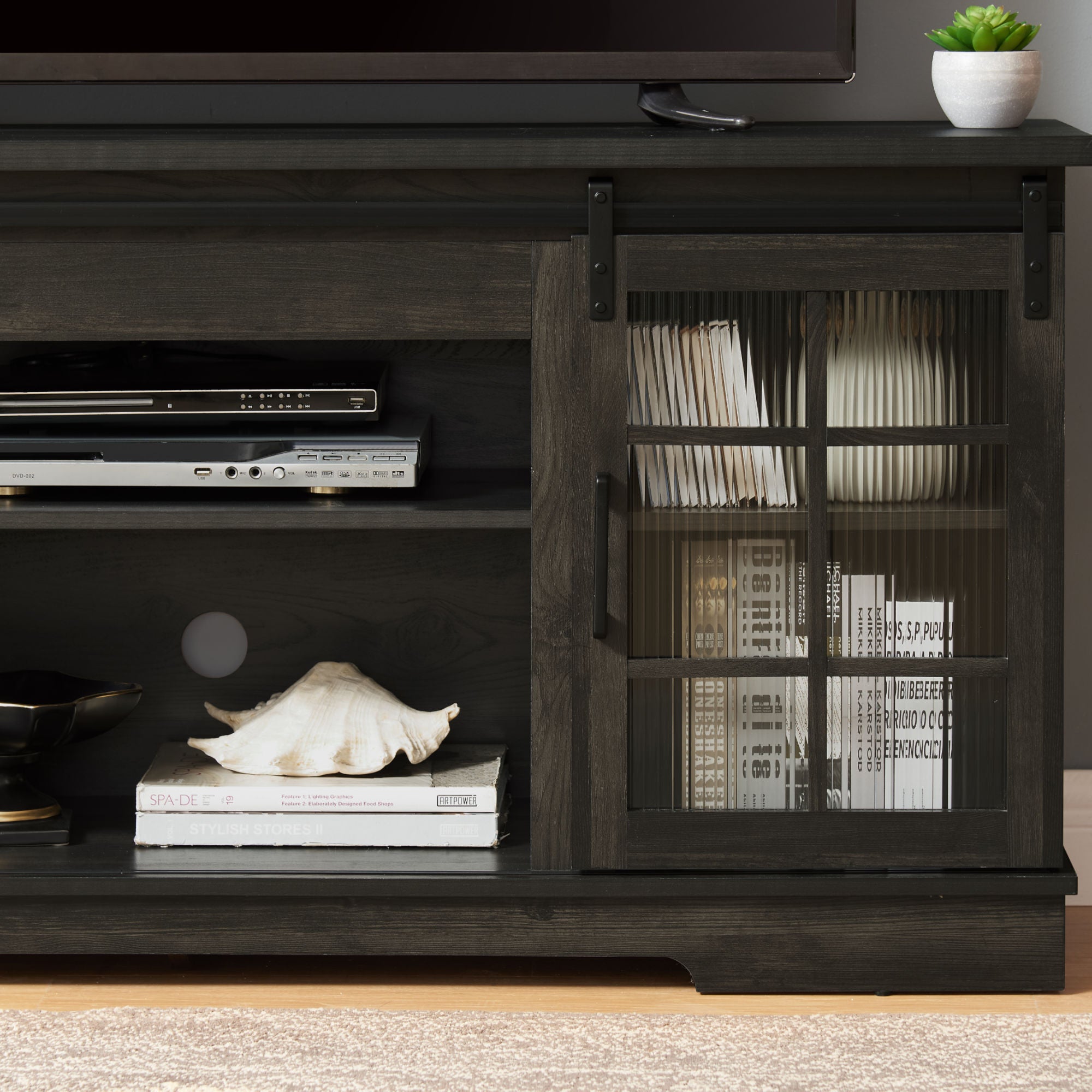 Multipurpose Sliding Door TV Stand Large Storage Cabinet with 2 Sliding Fluted Glass Tempered Doors, TV Up to 65'', TV Desk Storage Rack, Charcoal GREY, 59.13"W*15.94"D*27.8"H - Mountain Lakes Mall