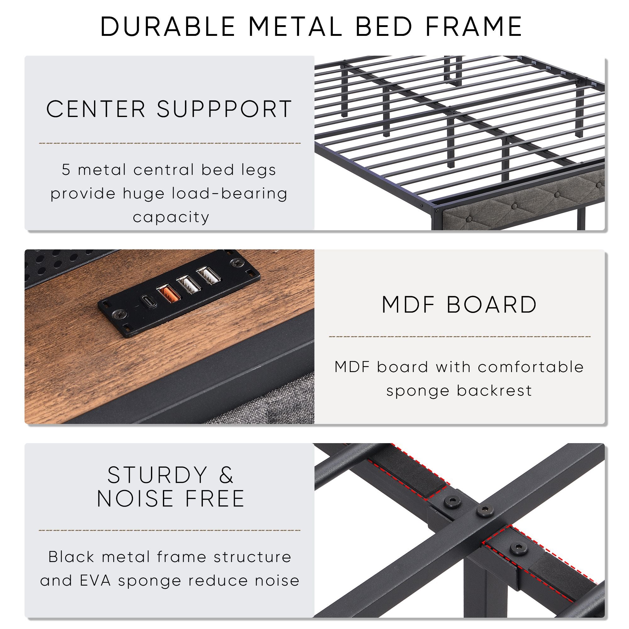 Full Bed Frame with Storage Headboard, Charging Station and LED Lights, Upholstered Platform Bed with Heavy Metal Slats, No Box Spring Needed, Noise Free, Easy Assembly, Dark Gray