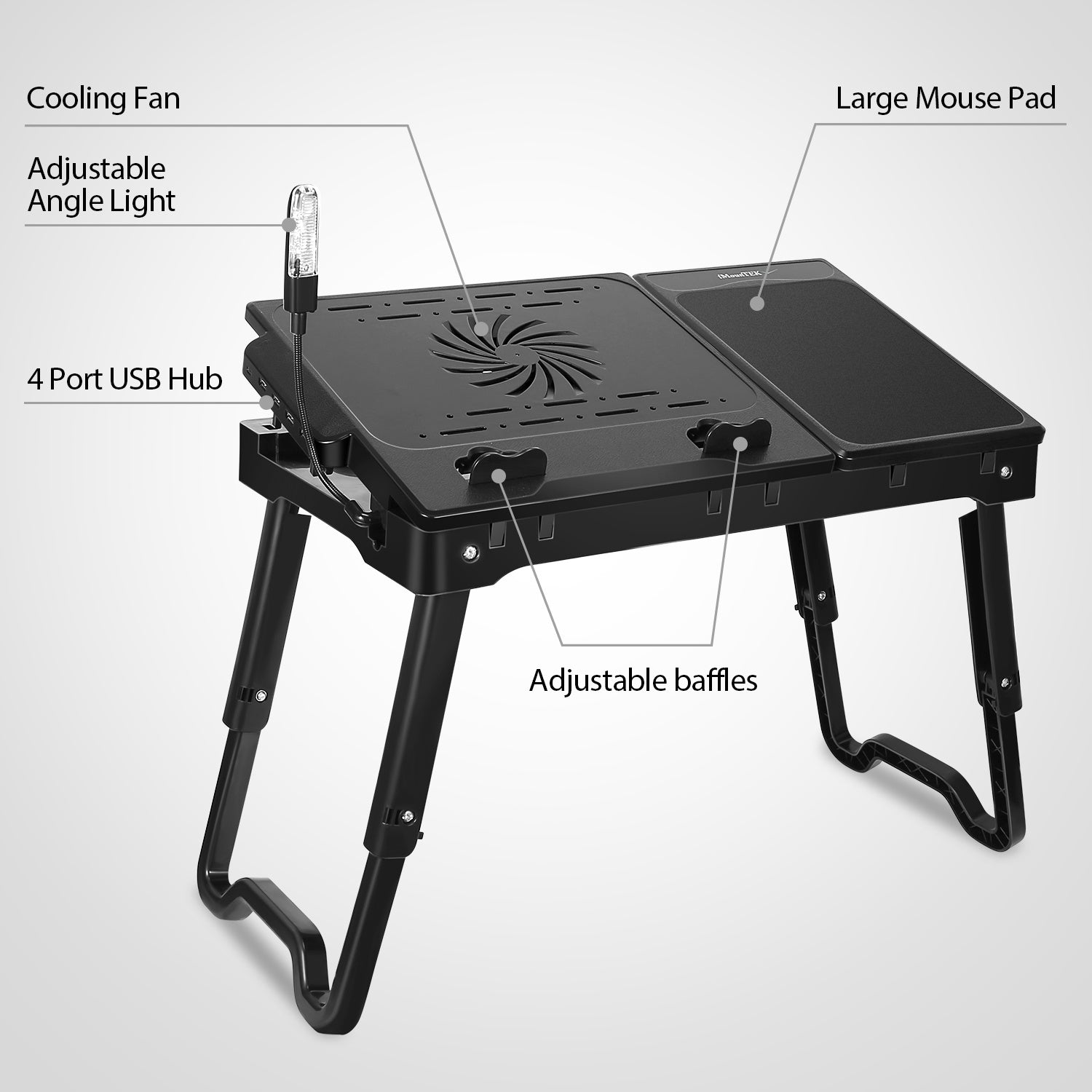 Foldable Laptop Table Bed Notebook Desk with Cooling Fan Mouse Board LED light 4 xUSB Ports Breakfast Snacking Tray - Mountain Lakes Mall